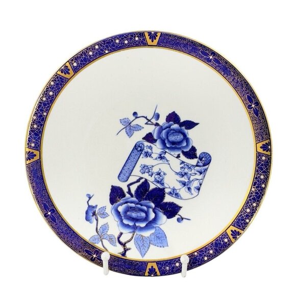 ROYAL WORCESTER COBALT BLUE WHITE JEWELED PLATE DISH ORIENTAL Design Vintage - Picture 1 of 14